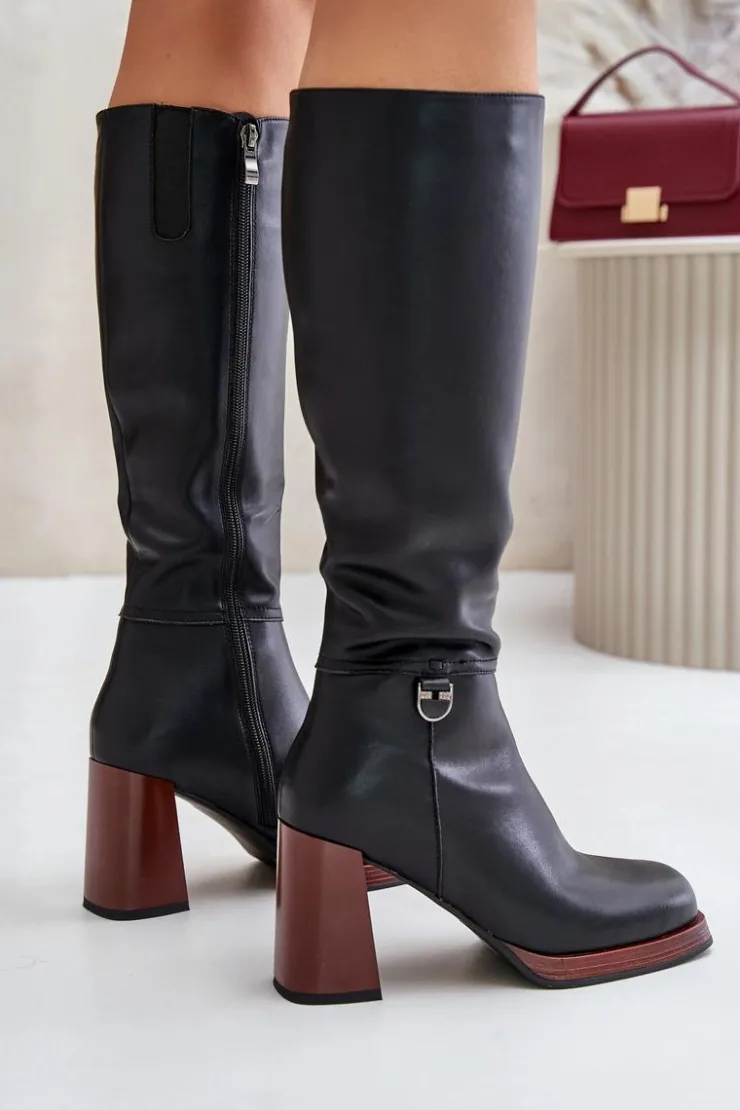 Damskie Damskie buty S.Barski Skórzane Eleganckie Kozaki Na Słupku Ocieplane D&A JC42-39 Czarne