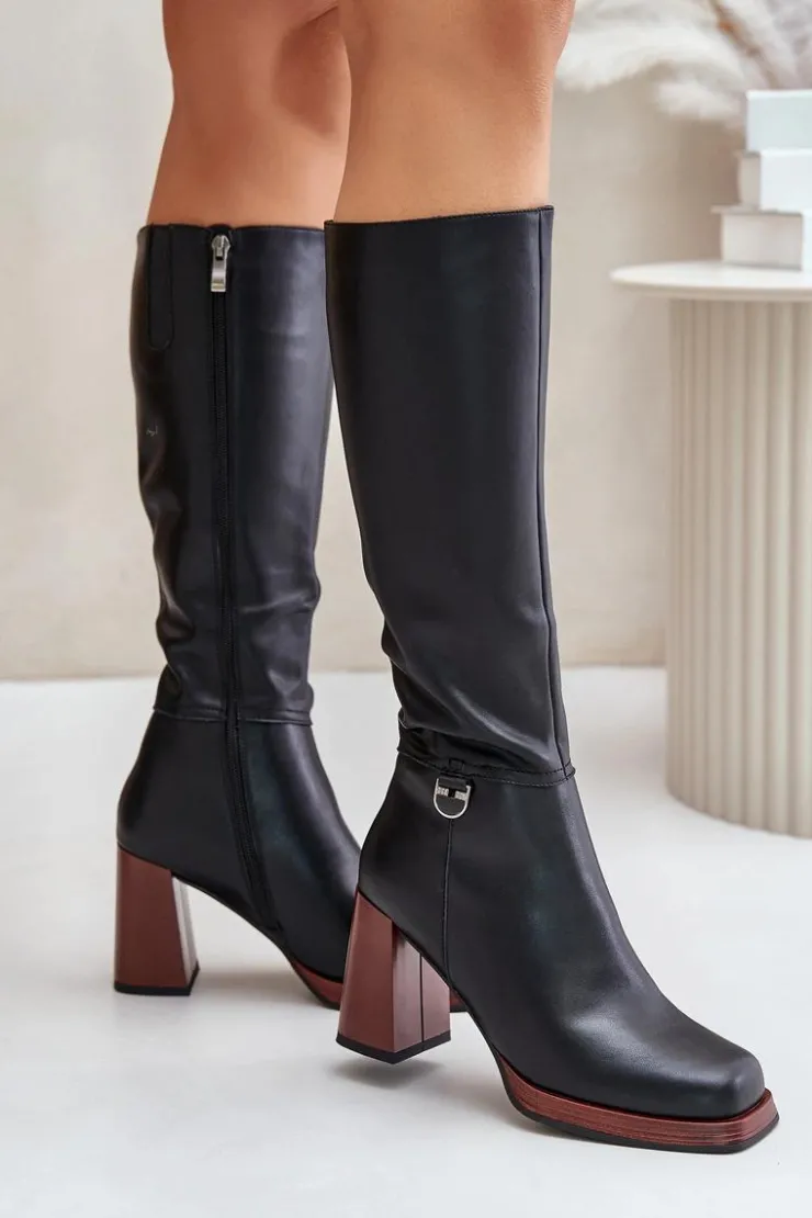 Damskie Damskie buty S.Barski Skórzane Eleganckie Kozaki Na Słupku Ocieplane D&A JC42-39 Czarne