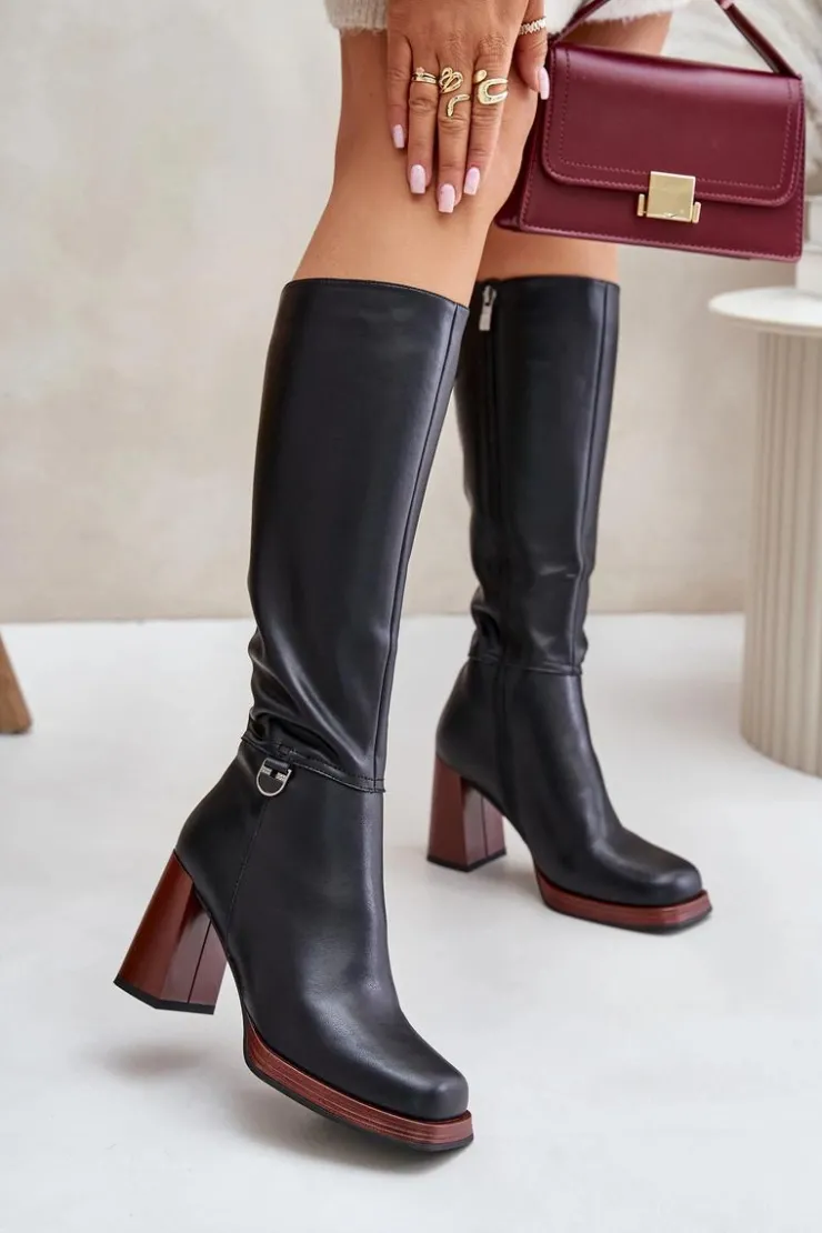 Damskie Damskie buty S.Barski Skórzane Eleganckie Kozaki Na Słupku Ocieplane D&A JC42-39 Czarne