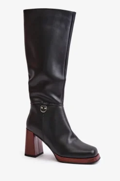 Damskie Damskie buty S.Barski Skórzane Eleganckie Kozaki Na Słupku Ocieplane D&A JC42-39 Czarne