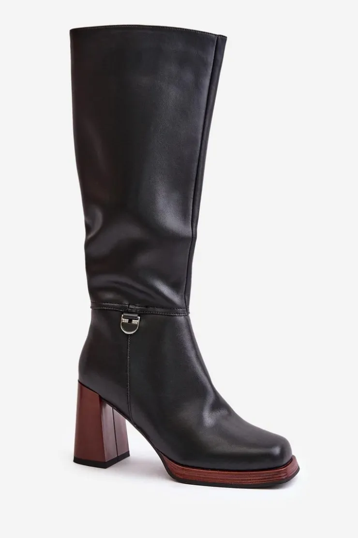 Damskie Damskie buty S.Barski Skórzane Eleganckie Kozaki Na Słupku Ocieplane D&A JC42-39 Czarne