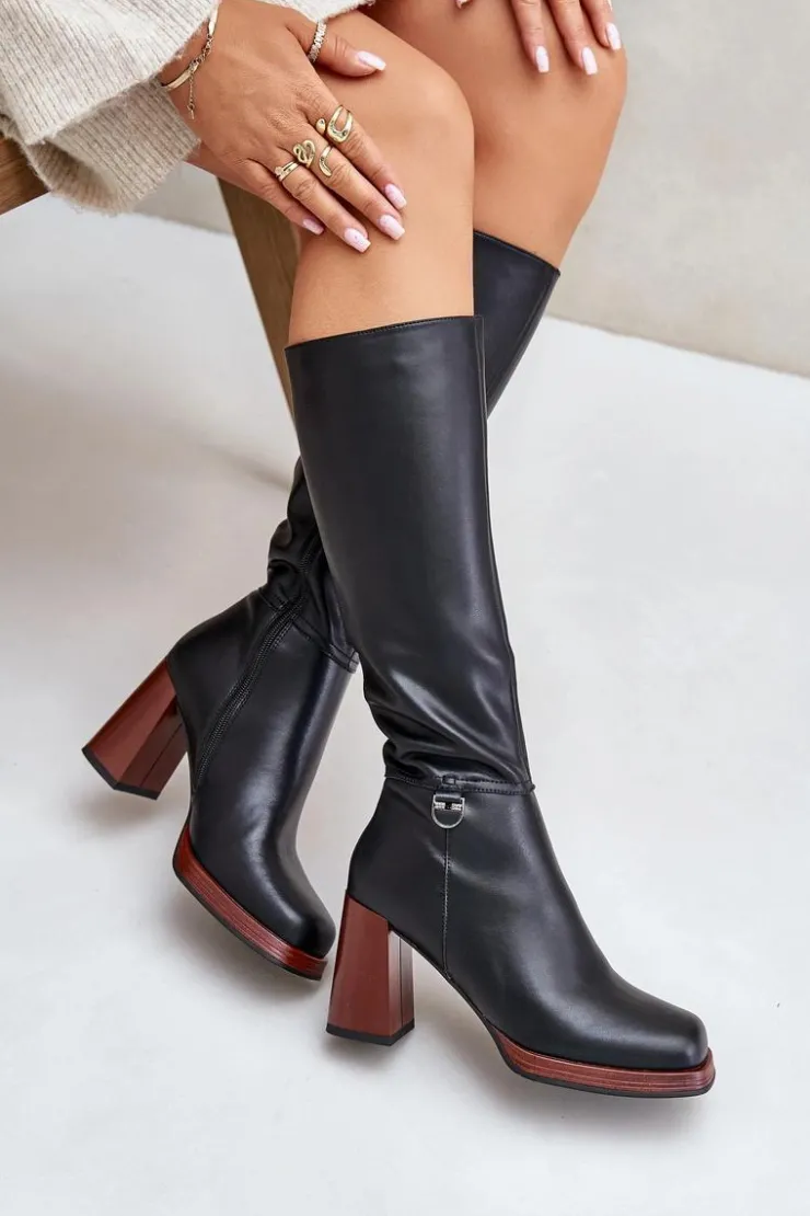 Damskie Damskie buty S.Barski Skórzane Eleganckie Kozaki Na Słupku Ocieplane D&A JC42-39 Czarne