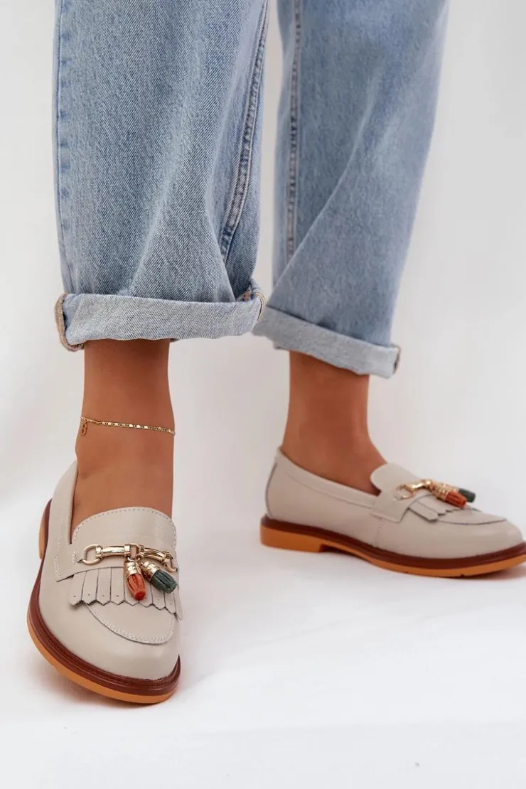 Damskie buty S.Barski Mokasyny Damskie Lakierowane*Skórzane Eleganckie Mokasyny Na Płaskim Obcasie S.Barski LR51-768 Beżowe