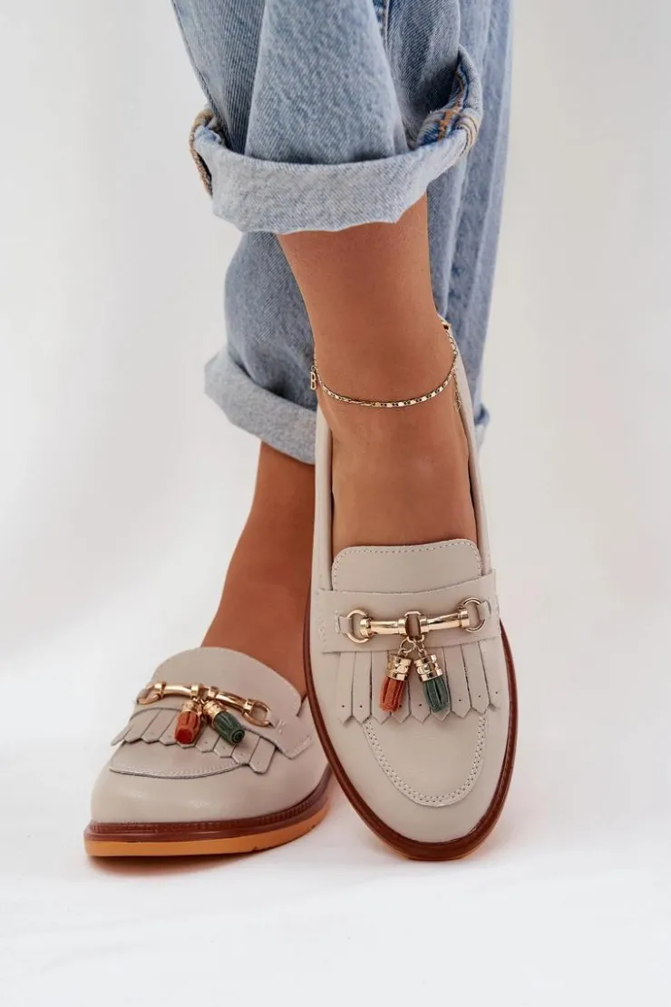 Damskie buty S.Barski Mokasyny Damskie Lakierowane*Skórzane Eleganckie Mokasyny Na Płaskim Obcasie S.Barski LR51-768 Beżowe