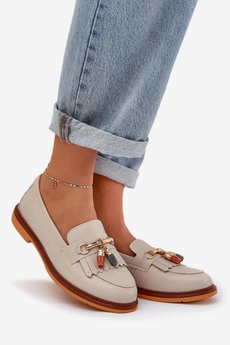 Damskie buty S.Barski Mokasyny Damskie Lakierowane*Skórzane Eleganckie Mokasyny Na Płaskim Obcasie S.Barski LR51-768 Beżowe