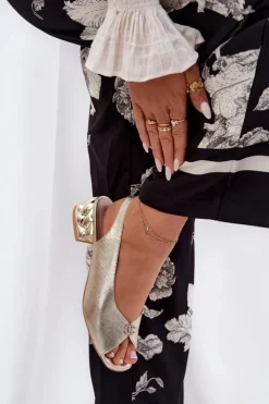 CheBello Sandały Na Obcasie*Skórzane Eleganckie Sandały Damskie 4724 Złote Złoty