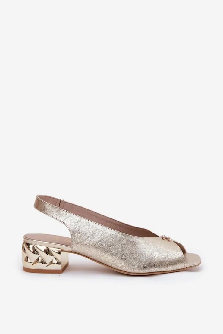 CheBello Sandały Na Obcasie*Skórzane Eleganckie Sandały Damskie 4724 Złote Złoty