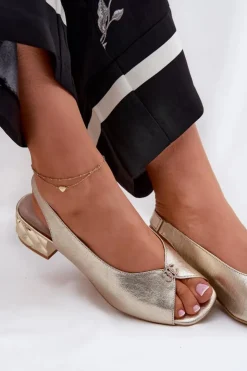 CheBello Sandały Na Obcasie*Skórzane Eleganckie Sandały Damskie 4724 Złote Złoty
