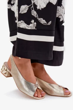 CheBello Sandały Na Obcasie*Skórzane Eleganckie Sandały Damskie 4724 Złote Złoty