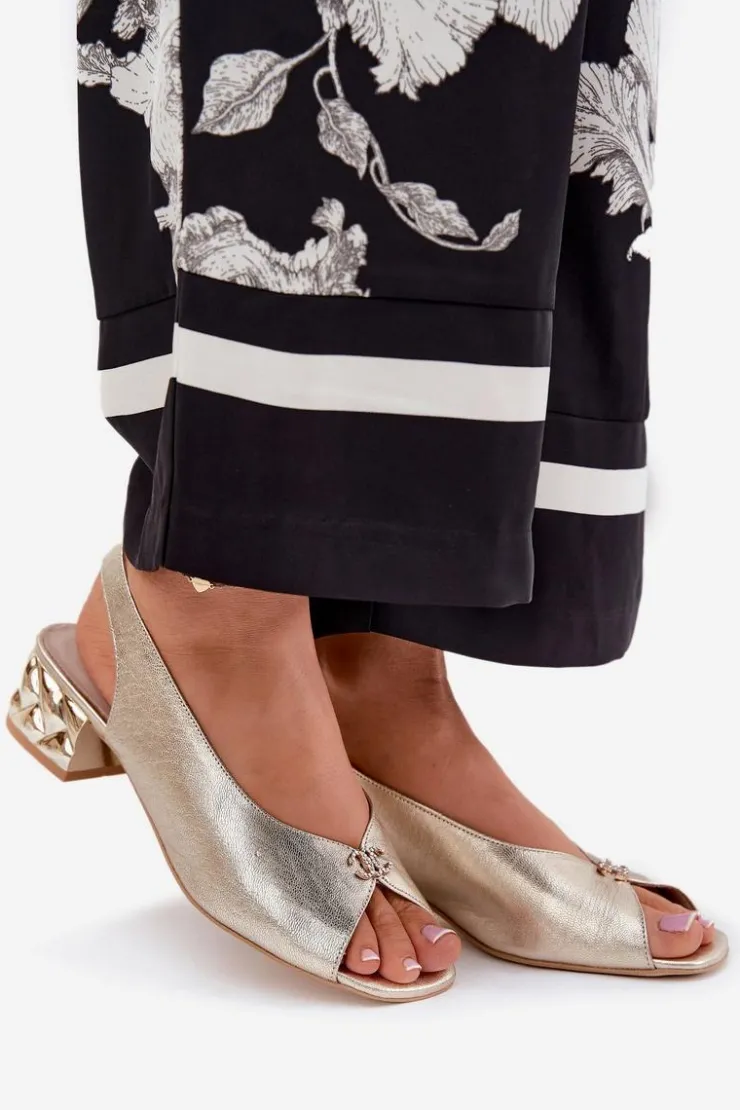 CheBello Sandały Na Obcasie*Skórzane Eleganckie Sandały Damskie 4724 Złote Złoty