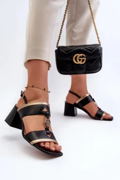Damskie Laura Messi Skórzane Eleganckie Sandały Na Klocku 2768 Czarne