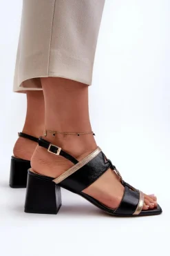Damskie Laura Messi Skórzane Eleganckie Sandały Na Klocku 2768 Czarne
