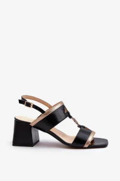Damskie Laura Messi Skórzane Eleganckie Sandały Na Klocku 2768 Czarne