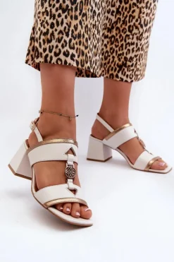 Laura Messi Skórzane Eleganckie Sandały Na Klocku 2768 Białe Biały