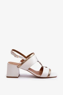 Laura Messi Skórzane Eleganckie Sandały Na Klocku 2768 Białe Biały