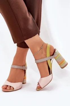 Laura Messi Sandały Na Słupku|Sandały Na Obcasie*Skórzane Eleganckie Sandały Na Słupku 2136 Multikolor Wielokolorowy