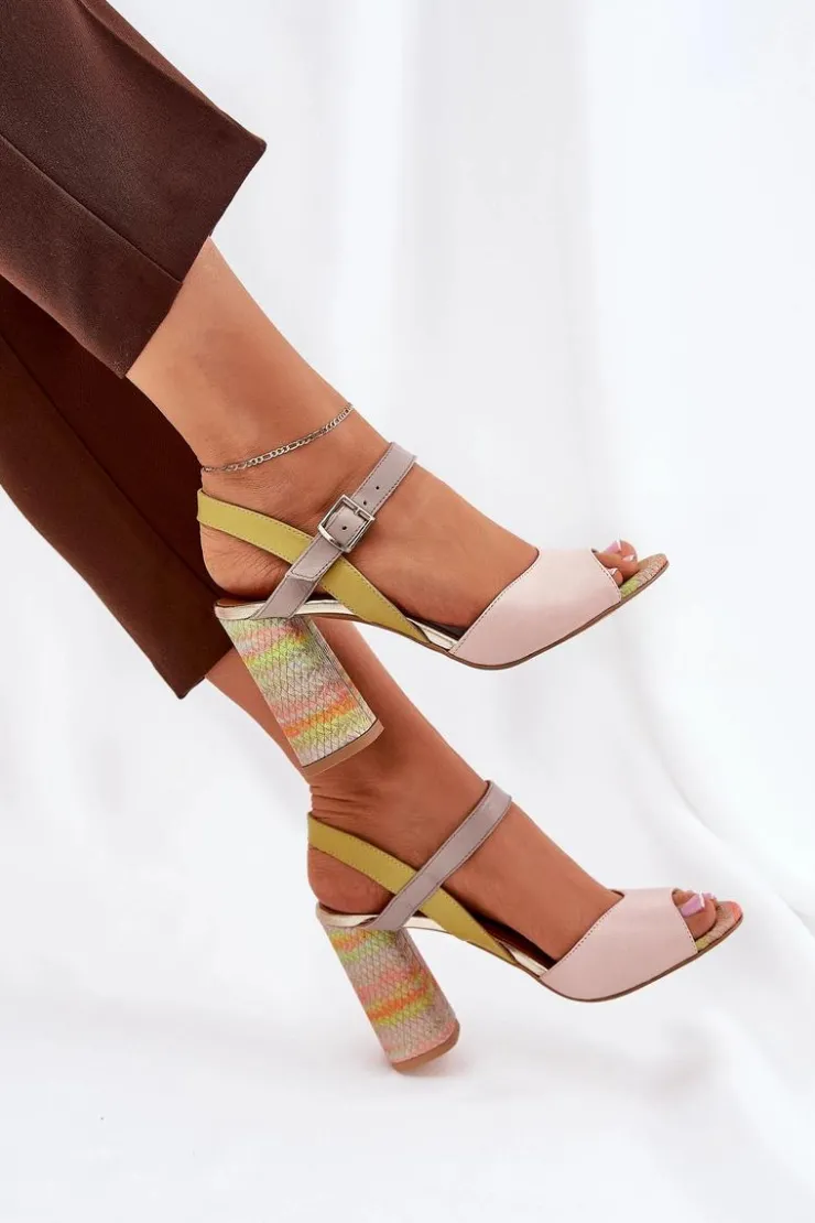 Laura Messi Sandały Na Słupku|Sandały Na Obcasie*Skórzane Eleganckie Sandały Na Słupku 2136 Multikolor Wielokolorowy