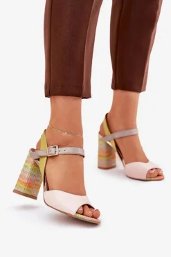 Laura Messi Sandały Na Słupku|Sandały Na Obcasie*Skórzane Eleganckie Sandały Na Słupku 2136 Multikolor Wielokolorowy