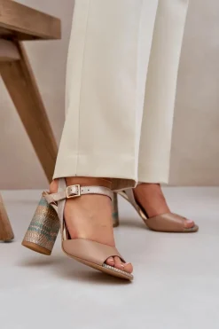 Damskie Laura Messi Skórzane Eleganckie Sandały Na Słupku 2136 Ciemnobeżowe