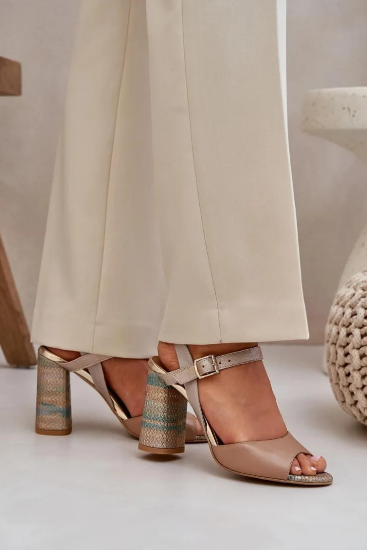 Damskie Laura Messi Skórzane Eleganckie Sandały Na Słupku 2136 Ciemnobeżowe