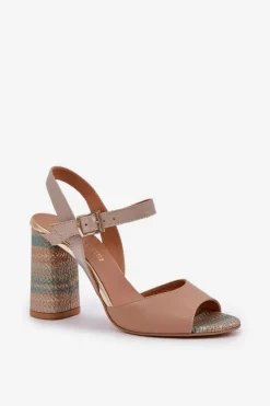 Damskie Laura Messi Skórzane Eleganckie Sandały Na Słupku 2136 Ciemnobeżowe