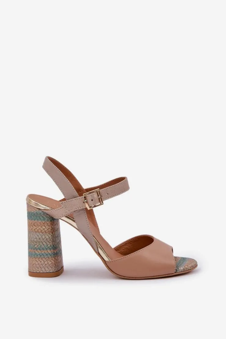 Damskie Laura Messi Skórzane Eleganckie Sandały Na Słupku 2136 Ciemnobeżowe