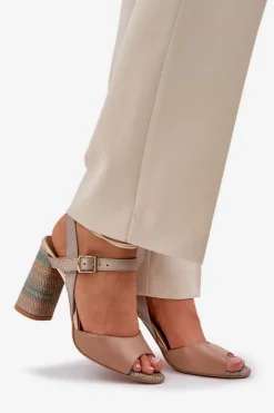 Damskie Laura Messi Skórzane Eleganckie Sandały Na Słupku 2136 Ciemnobeżowe