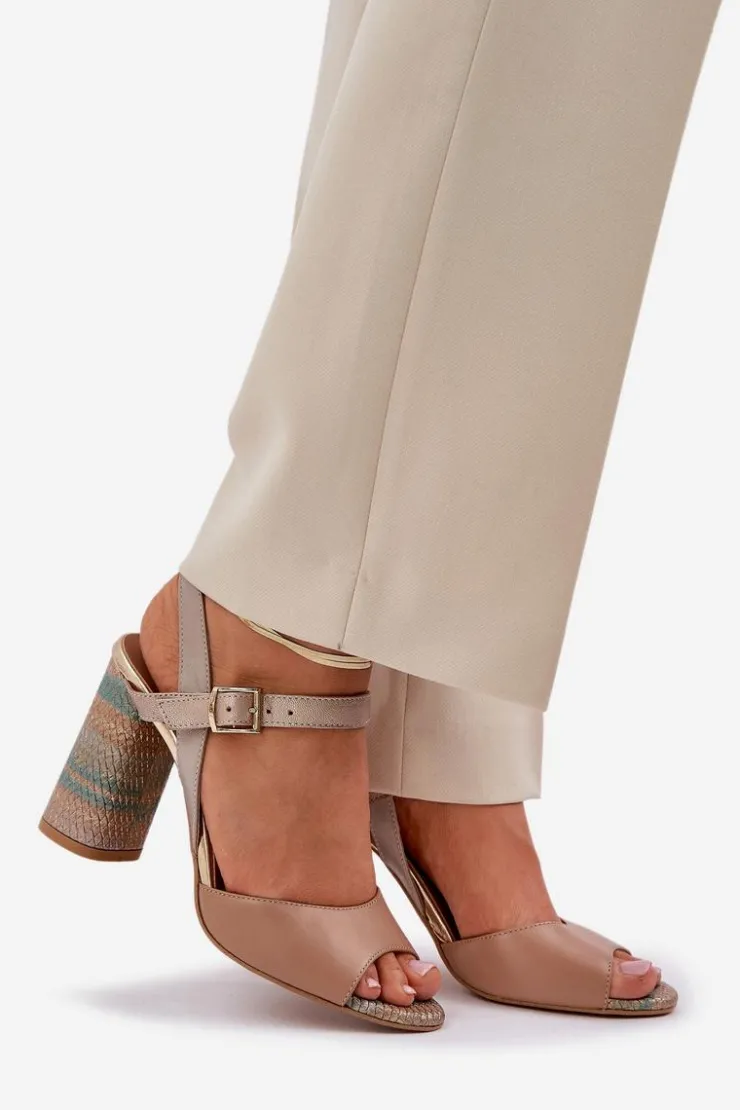 Damskie Laura Messi Skórzane Eleganckie Sandały Na Słupku 2136 Ciemnobeżowe