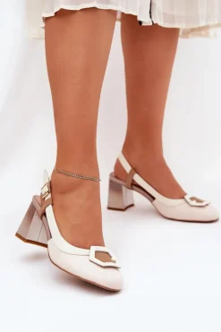 Best Damskie buty S.Barski Skórzane Eleganckie Sandały Damskie Na Słupku D&A CR51-569 Beżowe