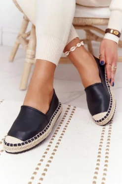 Damskie Big Star Shoes Skórzane Espadryle Na Plecionej Podeszwie Big Star HH274505 Czarne