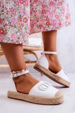 Damskie Boto Skórzane Espadryle Z Ozdobą Białe Nells