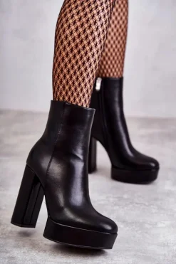 Boto Botki Ocieplane|Botki Na Słupku*Skórzane Gładkie Botki Na Słupku Czarne Kaysa