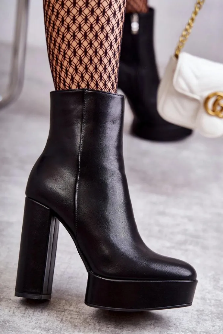 Boto Botki Ocieplane|Botki Na Słupku*Skórzane Gładkie Botki Na Słupku Czarne Kaysa