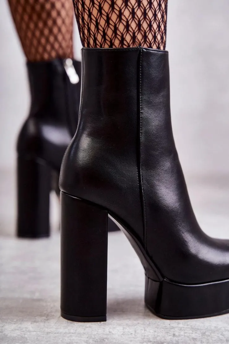 Boto Botki Ocieplane|Botki Na Słupku*Skórzane Gładkie Botki Na Słupku Czarne Kaysa