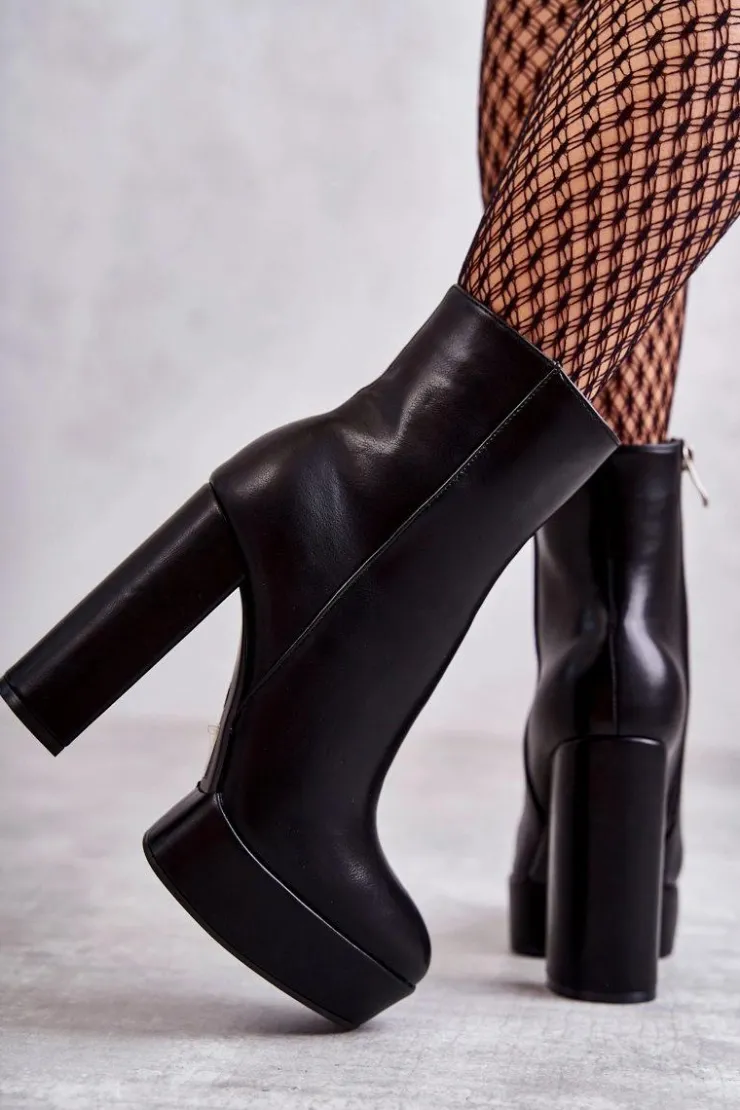 Boto Botki Ocieplane|Botki Na Słupku*Skórzane Gładkie Botki Na Słupku Czarne Kaysa