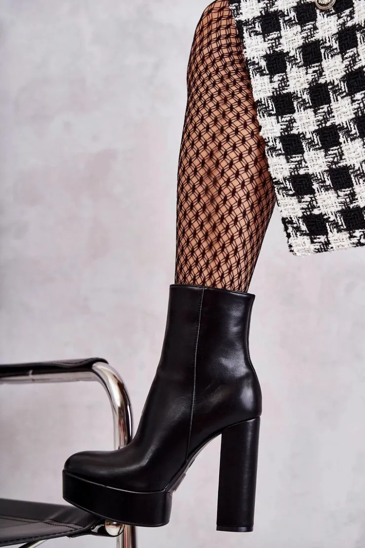 Boto Botki Ocieplane|Botki Na Słupku*Skórzane Gładkie Botki Na Słupku Czarne Kaysa