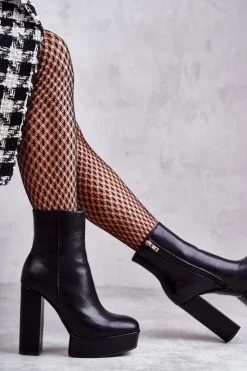 Boto Botki Ocieplane|Botki Na Słupku*Skórzane Gładkie Botki Na Słupku Czarne Kaysa