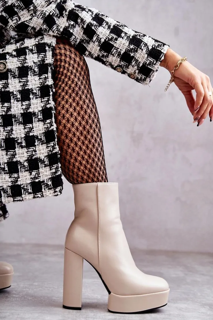 Boto Botki Ocieplane|Botki Na Słupku*Skórzane Gładkie Botki Na Słupku Beżowe Kaysa Beżowy