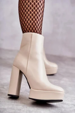 Boto Botki Ocieplane|Botki Na Słupku*Skórzane Gładkie Botki Na Słupku Beżowe Kaysa Beżowy