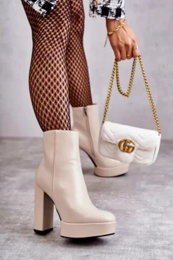 Boto Botki Ocieplane|Botki Na Słupku*Skórzane Gładkie Botki Na Słupku Beżowe Kaysa Beżowy