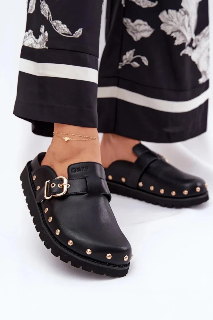 Damskie Big Star Shoes Skórzane Klapki Chodaki Damskie Na Platformie Big Star RR274A378 Czarne