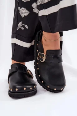 Damskie Big Star Shoes Skórzane Klapki Chodaki Damskie Na Platformie Big Star RR274A378 Czarne