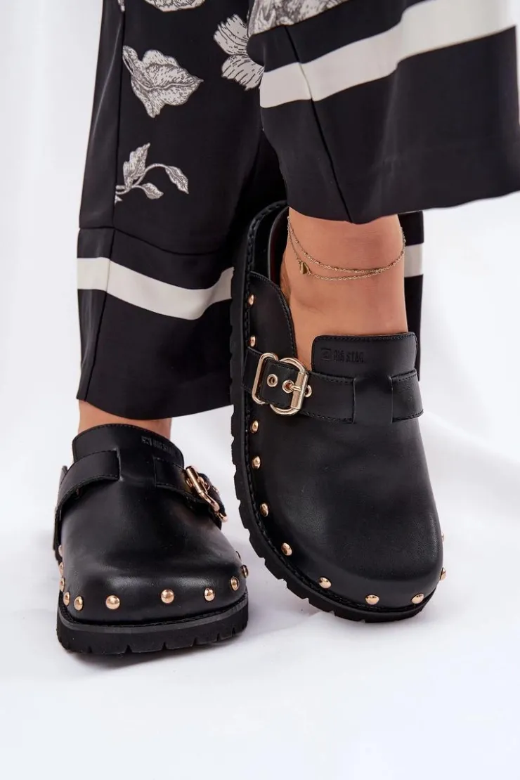 Damskie Big Star Shoes Skórzane Klapki Chodaki Damskie Na Platformie Big Star RR274A378 Czarne