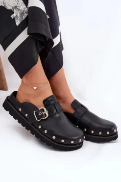 Damskie Big Star Shoes Skórzane Klapki Chodaki Damskie Na Platformie Big Star RR274A378 Czarne