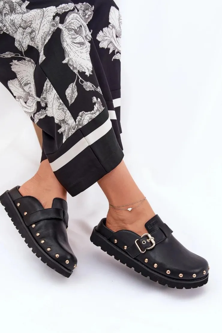 Damskie Big Star Shoes Skórzane Klapki Chodaki Damskie Na Platformie Big Star RR274A378 Czarne