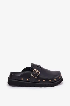 Damskie Big Star Shoes Skórzane Klapki Chodaki Damskie Na Platformie Big Star RR274A378 Czarne