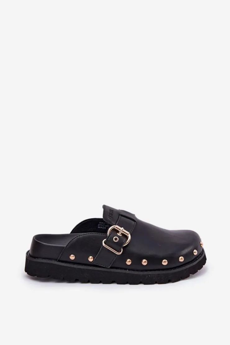 Damskie Big Star Shoes Skórzane Klapki Chodaki Damskie Na Platformie Big Star RR274A378 Czarne