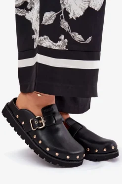 Damskie Big Star Shoes Skórzane Klapki Chodaki Damskie Na Platformie Big Star RR274A378 Czarne