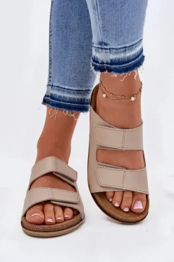 Hot INBLU Skórzane Klapki Damskie AA0005GU Beżowe