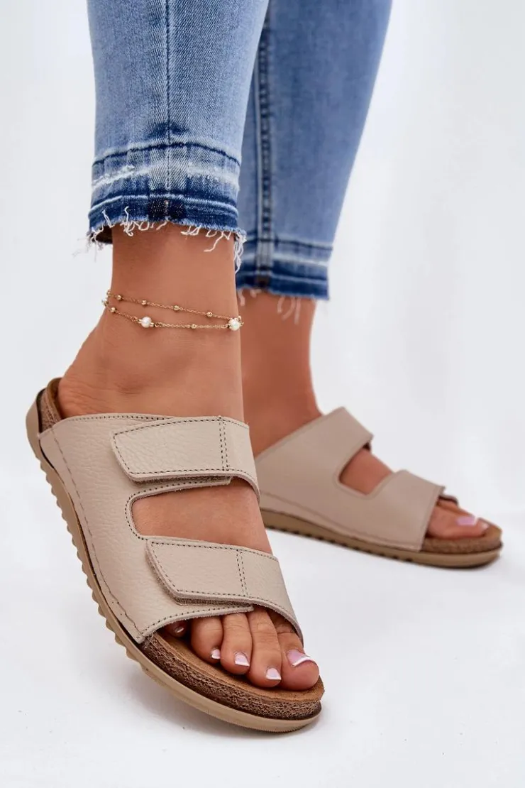 Hot INBLU Skórzane Klapki Damskie AA0005GU Beżowe